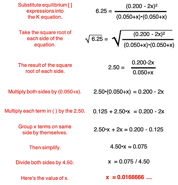Complete algebraic solution for the value of x using the equilibrium constant equation and the values and expressions from the equilibrium row of an ICE table.