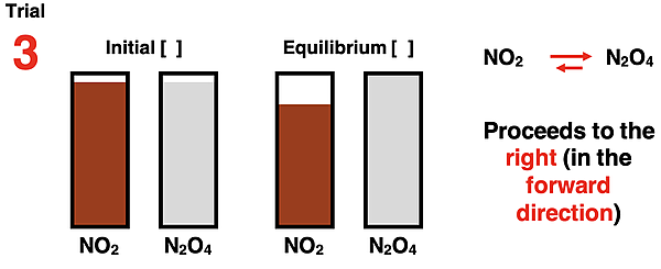 Bar charts showing initial reactant and product concentrations and equilibrium reactant and product concentrations for the 2 NO2  N2O4 system.