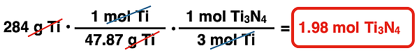 Shows the conversion factor solution - arrangement of factors with numbers, units, unit cancellation, and answer - for converting from mass of a reactant and moles of a product, specific to ammonia synthesis reaction.