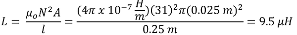 Equation for part 3A.  The permeability of air (4 pi times 10 to the negative 7 power) times wraps squared (31 squared) times area (pi times 0.025 meters squared) over length (0.25 meters) equals 9.5 micro henries.