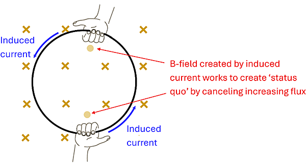 A loop of wire with a n increasing magnetic field going into the page. Two right hands are shown with fingers pointing opposite (out of the page) the direction of the increasing field (into the page), with thumbs showing the direction of counter-clockwise around the wire.