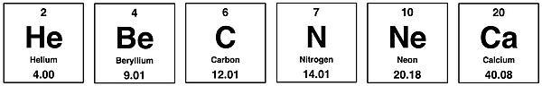 Periodic table cells displaying atomic mass of He, Be, C, N, Ne, and Ca.